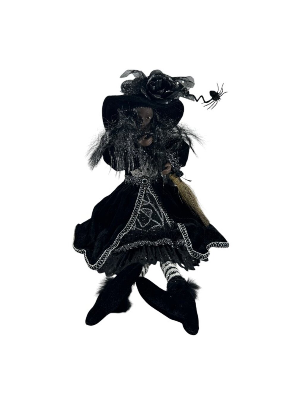 Spooky Village Sitting Witch Doll Black Halloween Decor Spider Broom 23" CVS